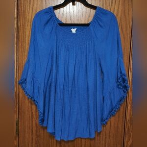 Boho Pom-Pom Sleeve Peasant Blouse - Royal Blue